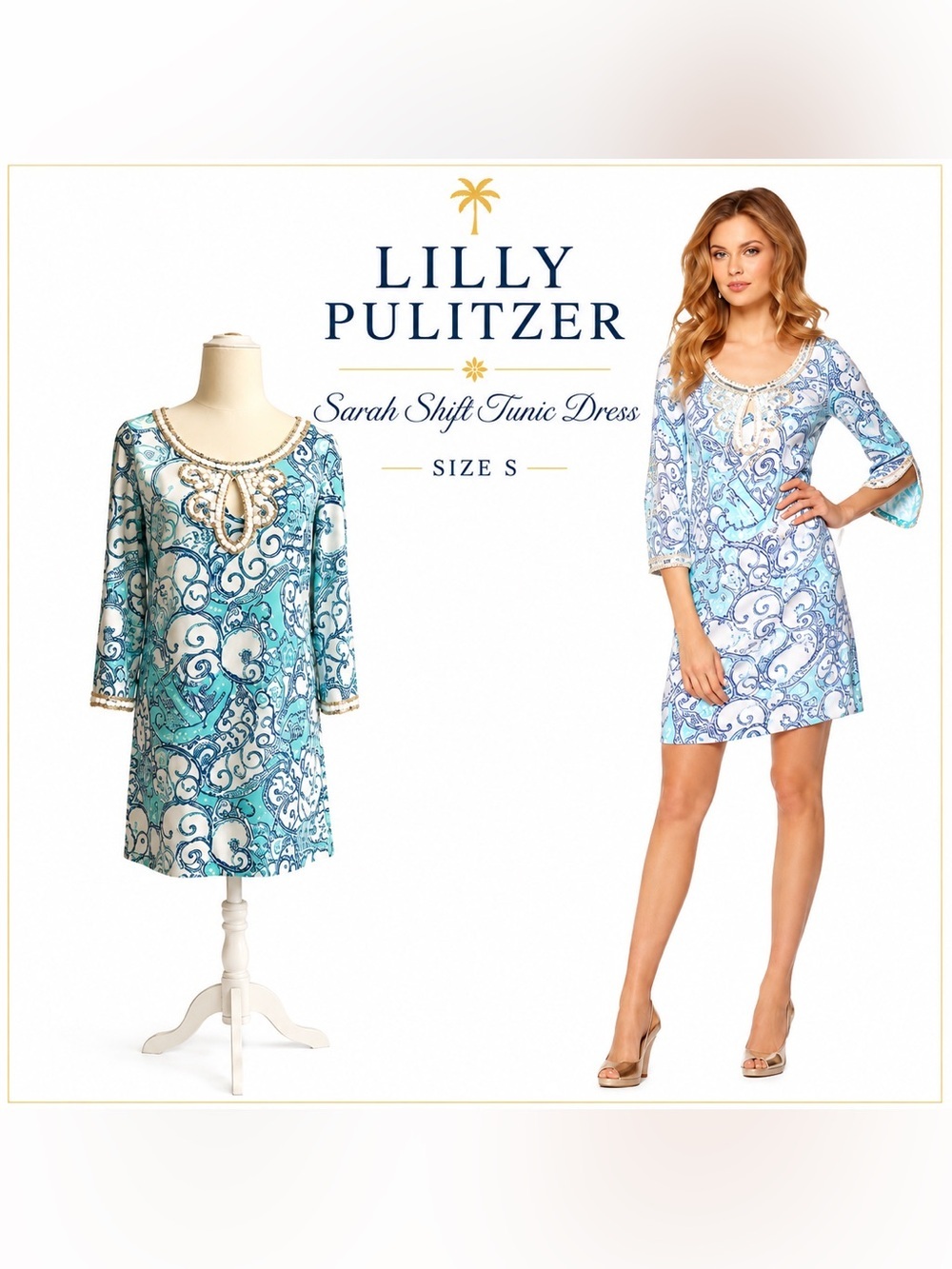 Lilly Pulitzer Sarah Beaded Shift Dres S Spa Blue Resort Vacation Coastal Cruise